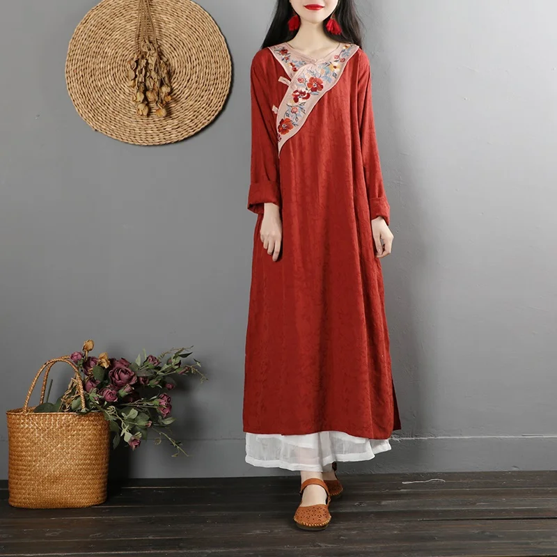 Retro Dress Stand Collar Long Sleeve Loose Casual Robe Vintage Femme Chinese Style Cheongsam Cotton Linen Women Dresses TA2092 - Цвет: 2