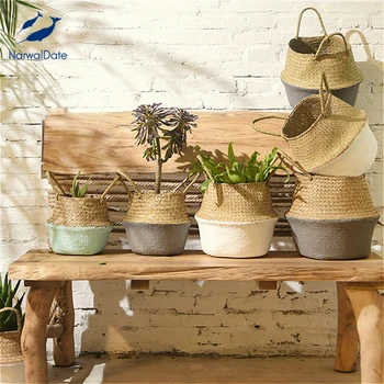 

Nordic Hand Craft Creative Flower Pot Straw Storage Basket Foldable Seagrasss Garden Pastoral Retro Rattan Home Natural Woven