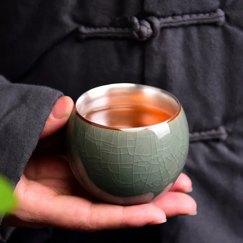 999 sterling silver ceramic teacup silver cup kungfu tea set single cup set silver master cup brother kiln cup