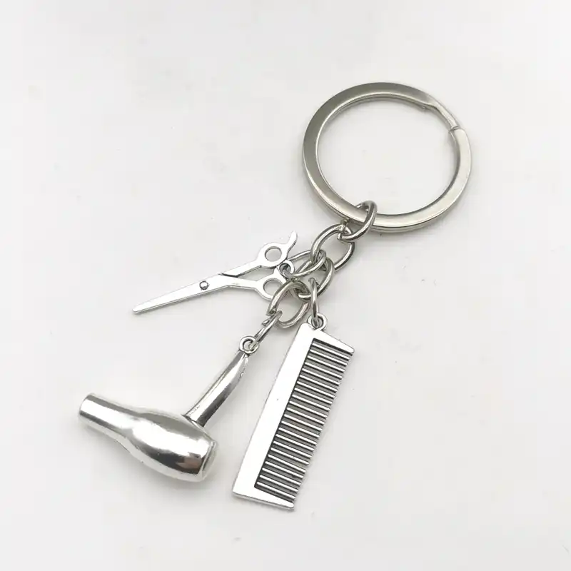 Hair Dryer and Initial Keychain Unisex Gift Personalized Hairdresser Key Ring with Scissors 