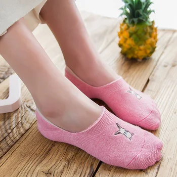 

Summer Cotton Embroidery Invisible Women Socks Fashion Lovely Cartoon Ankle Socks High Quality Anti-slip Silicone Heel Socks
