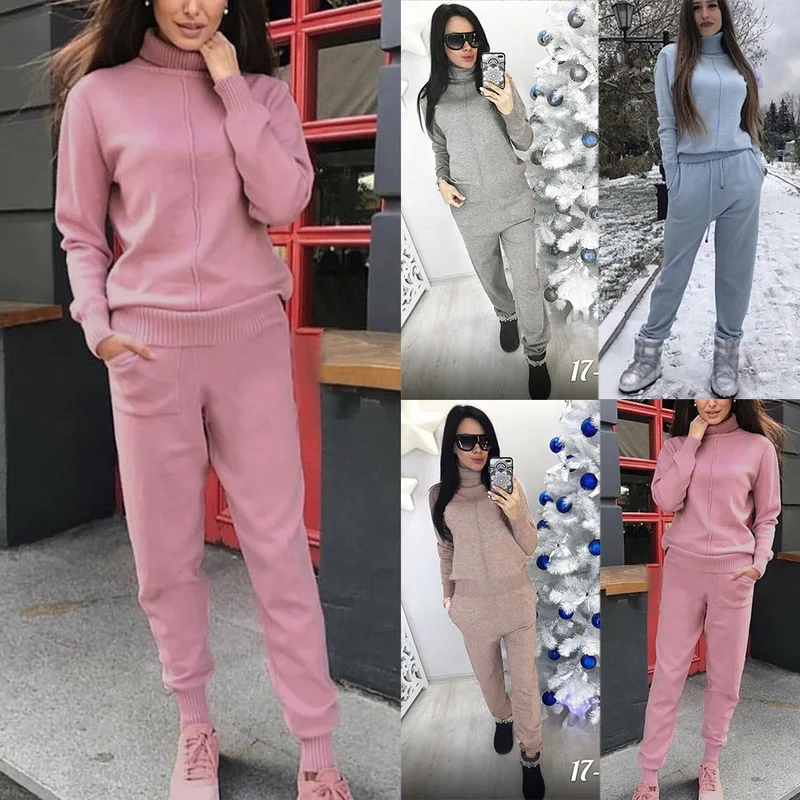 

2019 Autumn Knitted Ladies Tracksuit 2 Piece Sets Causal Solid Sporting Turtleneck Sweaters Tops+Knit Pants Suit Ensemble Femme