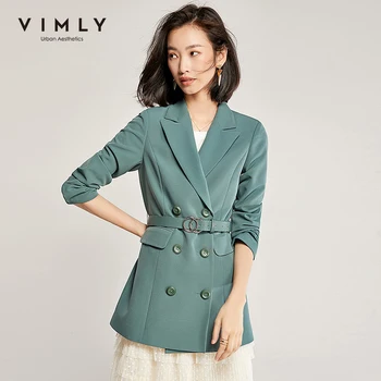 

Vimly Autumn Winter Blazer Women Elegant Notched Solid Double Breasted Belt England Style Coat Female Jacket 97709