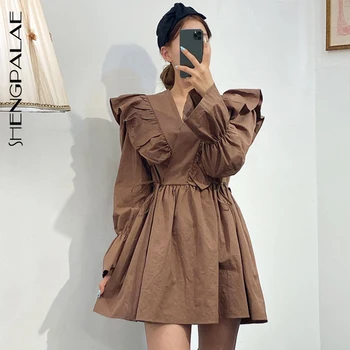 

SHENGPALAE 2020 New Summer Women Vintage Loose High Waist Slim Was Thin Elegant -neck Splice Ruffles Dress ZA4177