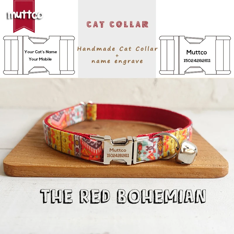 

MUTTCO Retailing handmade engraved metal buckle cat collar THE RED BOHEMIAN fashion handmade soft cat collar 2 sizes UCC055