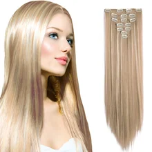 

GHJISHO 6Pcs/Set Hairpiece Straight 16 Clips In Chip-in High False Styling Synthetic Heat Temperature Fiber Weft Hair Extension