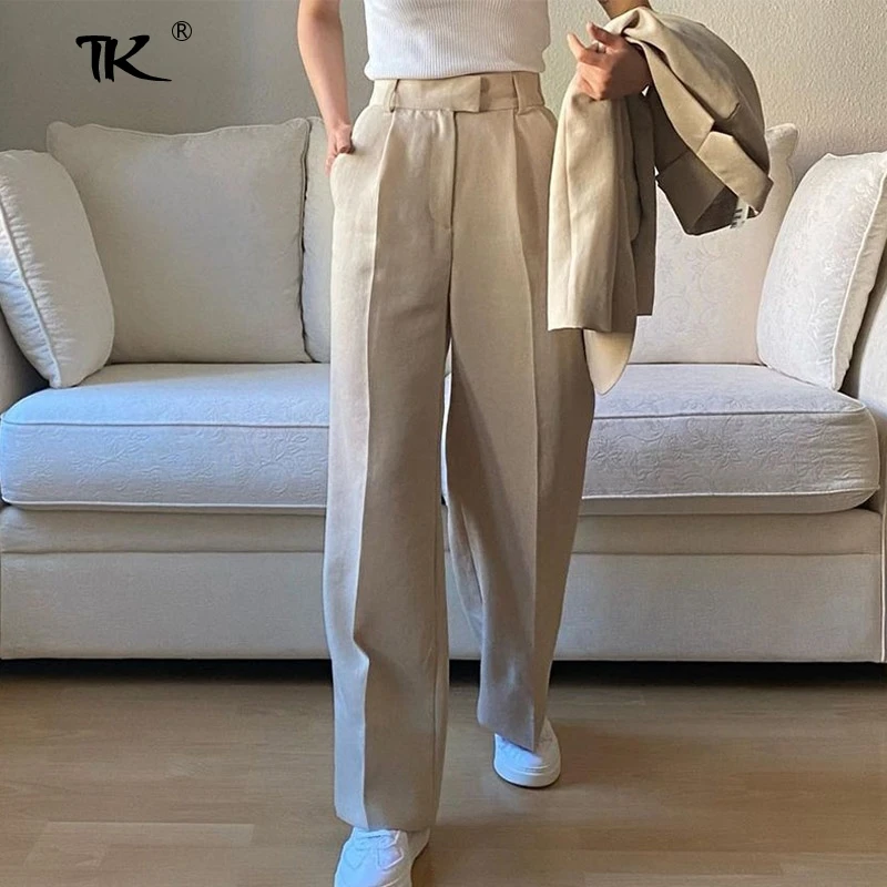 Pantalones lisos y sueltos para mujer, pantalón de cintura alta con bolsillos, informales, a la moda, para primavera y verano, 2021