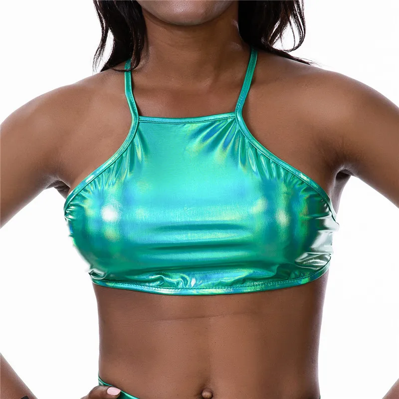 Шикарная Голограмма ПУ топики на шнуровке Холтер Сексуальная Открытая спина кроп топы летние женские топики Rave фестиваль уличная одежда 8 цветов