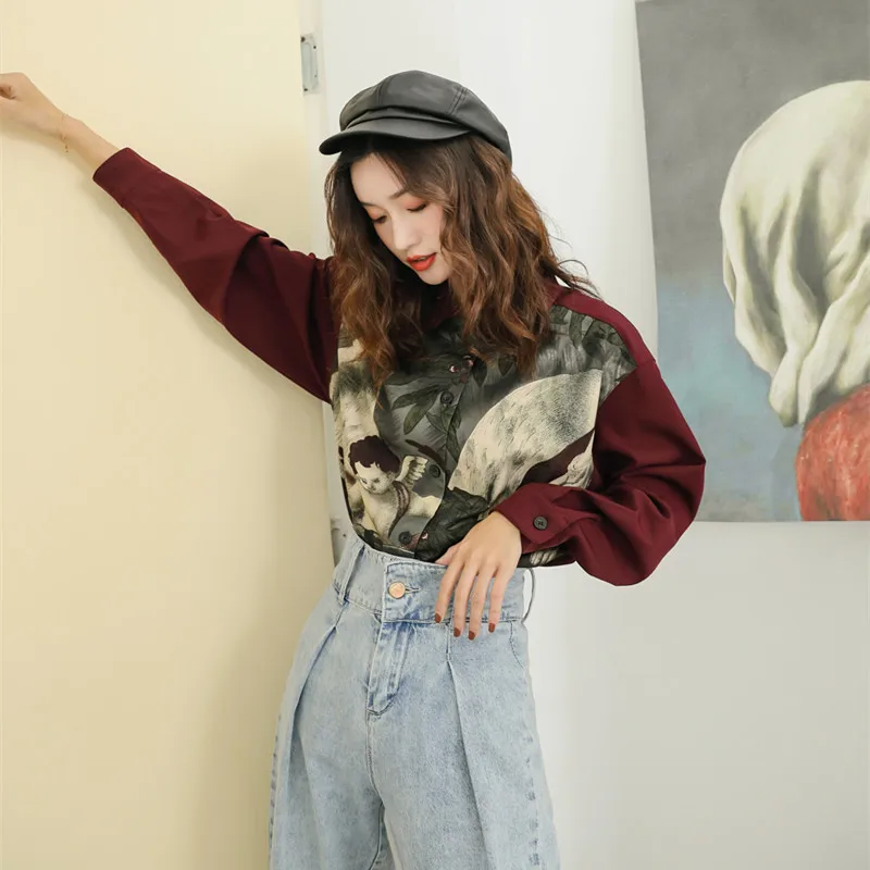 Fashion Tide NEW Summer Thin Styles Fashion High Street Shirt Female Blouse Printed Single Breasted Ooffee Color WG21717M - Цвет: kermesinus