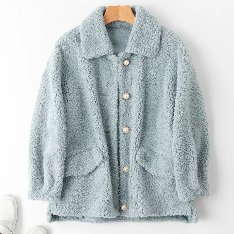 light gray blue AYUNSUE Натуральная Овечья шерсть шуба женская шерстяное пальто зимняя куртка женская овечья шерсть корейские куртки Chaqueta Mujer MY4002 - Цвет: light gray blue