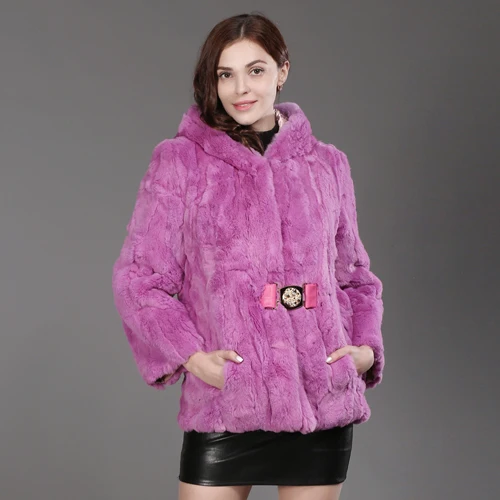 purple Горячая Распродажа Женская натуральная Шуба из кролика Рекс зимний теплый Настоящий мех кролика куртка с капюшоном натуральный мех кролика рекс верхняя одежда - Цвет: purple