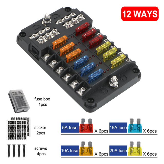 12V 32V M5 Stud With LED Indicator Light 6 Ways 12 Ways Blade Fuse Block For Auto Vehicle Car Marine Fuse Box Holder