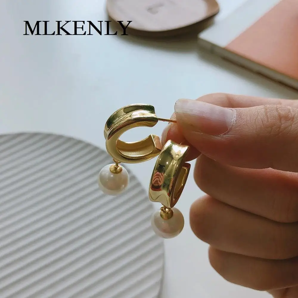 MLKENLY стерлингового серебра 925 серьги-гвоздики в скандинавском стиле C-ring жемчужные серьги Искусство Серьги для женщин Свадебные украшения