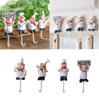 

1pcs Cartoon Chef Figurine Wall Hooks Cloth Towel Storage Rack Wall Hanger Room Kitchen Sticky Seamless Paste Hooks