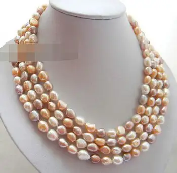

4Strands 8-9MM White Pink Lavender Baroque Freshwater Pearl Necklace