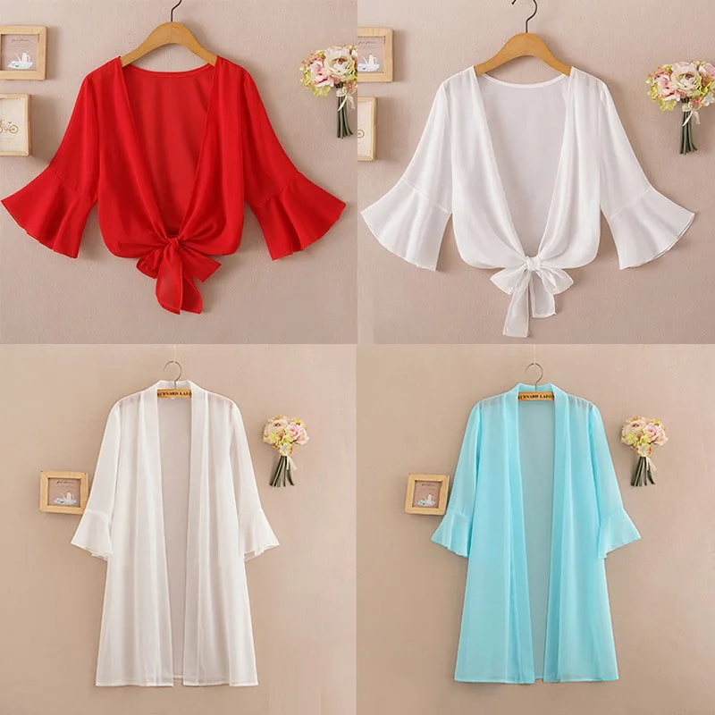 Long Chiffon Blouse Cardigan Summer 2020 Woman V Neck Tie Waist Blouse Shirt Black Ruffle Sleeve Top Lace Beach Blouse Cover Up 2