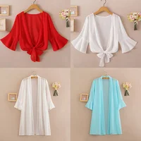 Long Chiffon Blouse Cardigan Summer 2020 Woman V Neck Tie Waist Blouse Shirt Black Ruffle Sleeve Top Lace Beach Blouse Cover Up 2