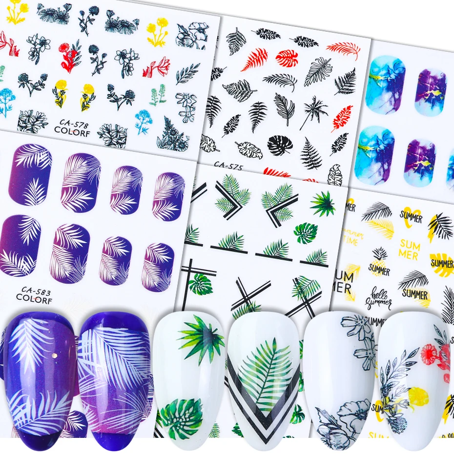 

1pcs 3D Flowers Stickers For Nails Mix Green Leaves Black White Flowers Letter Nail Art Adhesive Decals Manicure LYCA534-584-1