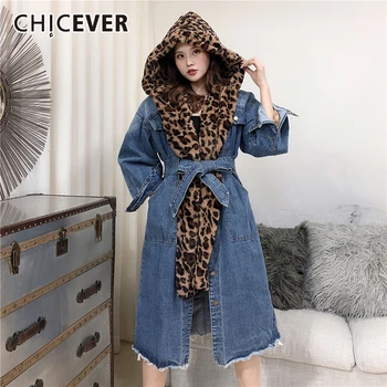 

CHICEVER Patchwork Denim Leopard Trench Women Hooded Long Sleeve High Waist Sashes Liner Detachable Winter Coat Female 2020 New