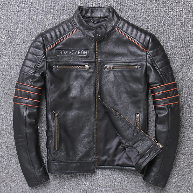 Male Genuine Leather Jacket 3d Skulls Motorcycle Vintage Thick Black