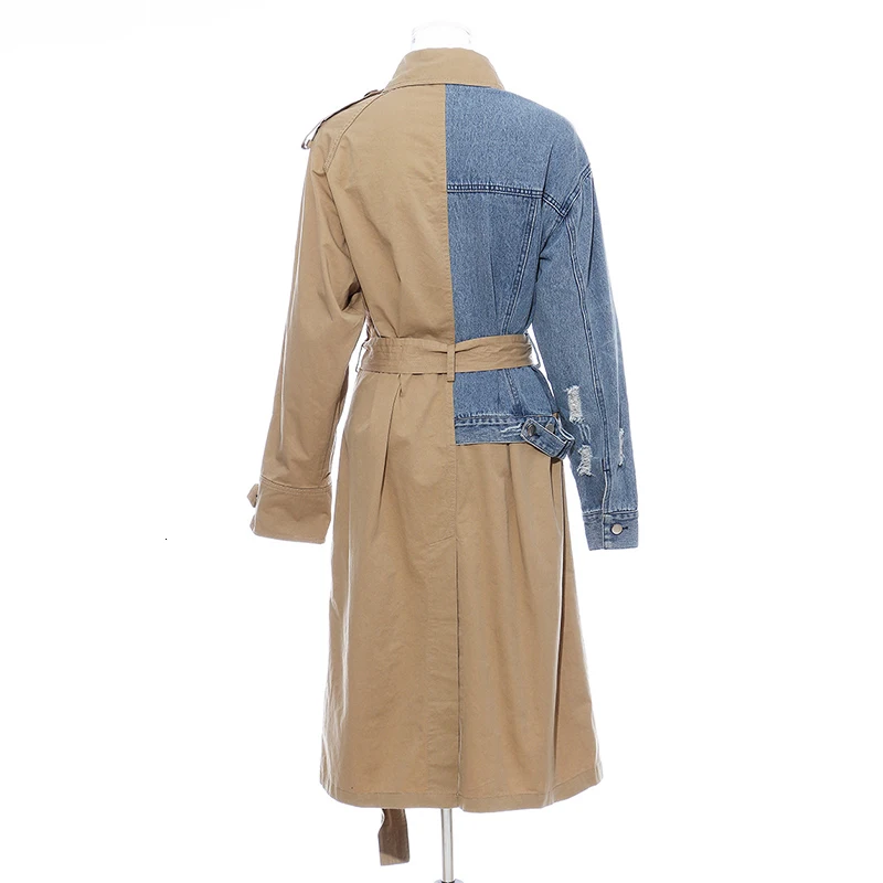 CHICEVER модного цвета, в стиле пэчворк джинсовые Для женщин ветровка с воротником с бортами высокого пояса на шнуровке женский пальто Осенняя мода