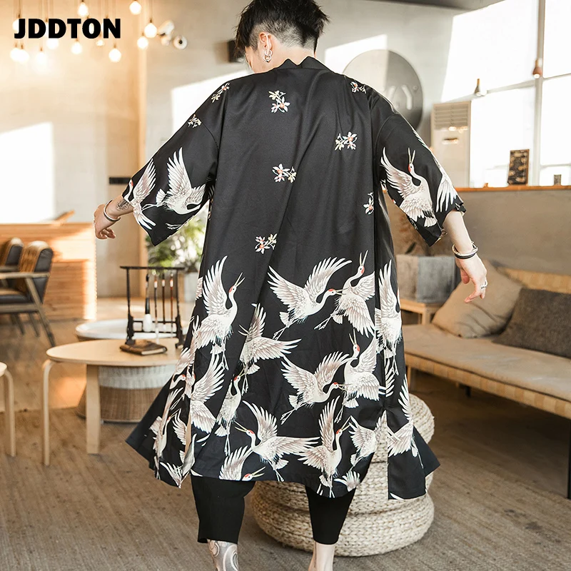New JDDTON Men's Kimono Fashion Jackets Long Cardigan Traditional Japanese Yukata Outerwear Haori Coats