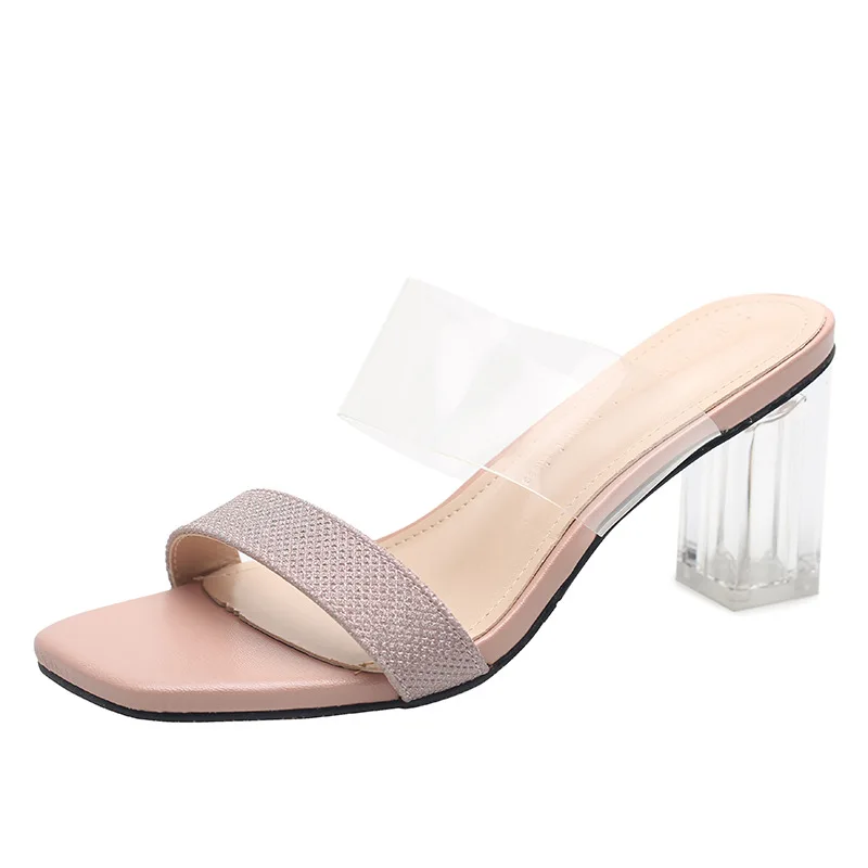 

936-13 Summer 2019 New Style A- line Buckle Versatile Open Toe Sequin Simple-Style Chunky-Heel Sandals Transparent