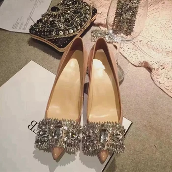 

Women Pump Shoes 8cm 10cm High Heels Shoes Fashion Buckle Rhinestone Pointed Toe Shallow Slip-on Office Lady Dress Pump Shoes