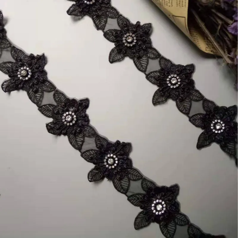 

2 yard Black Pearl Beaded Embroidered Flower Lace Edge Trim Floral Applique Patches Fabric Sewing Craft Vintage Wedding Dress