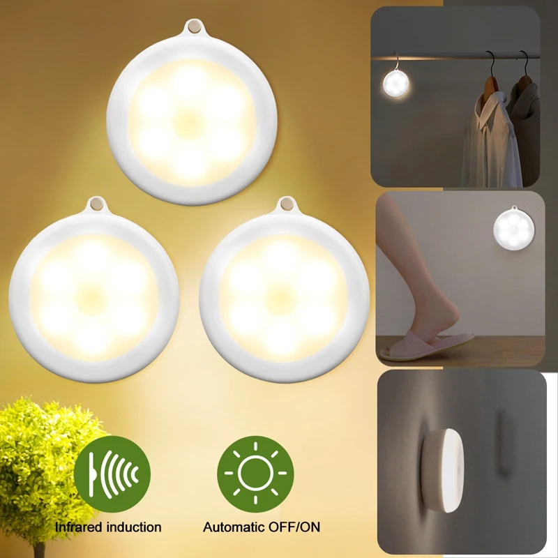 

1/3/6pcs Infrared Motion Sensor Cabinet Light 80mm Dia 6 LED Wireless Hallway Stairs Detector Light Protect Eye Auto On/Off Lamp