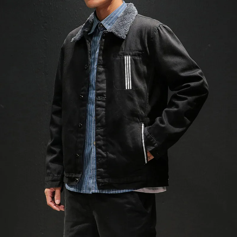 

2019 New Style Autumn And Winter plus Velvet Jeans Coat Jacket Thick Fold-down Collar Single Breasted Teenager Large Size Men's