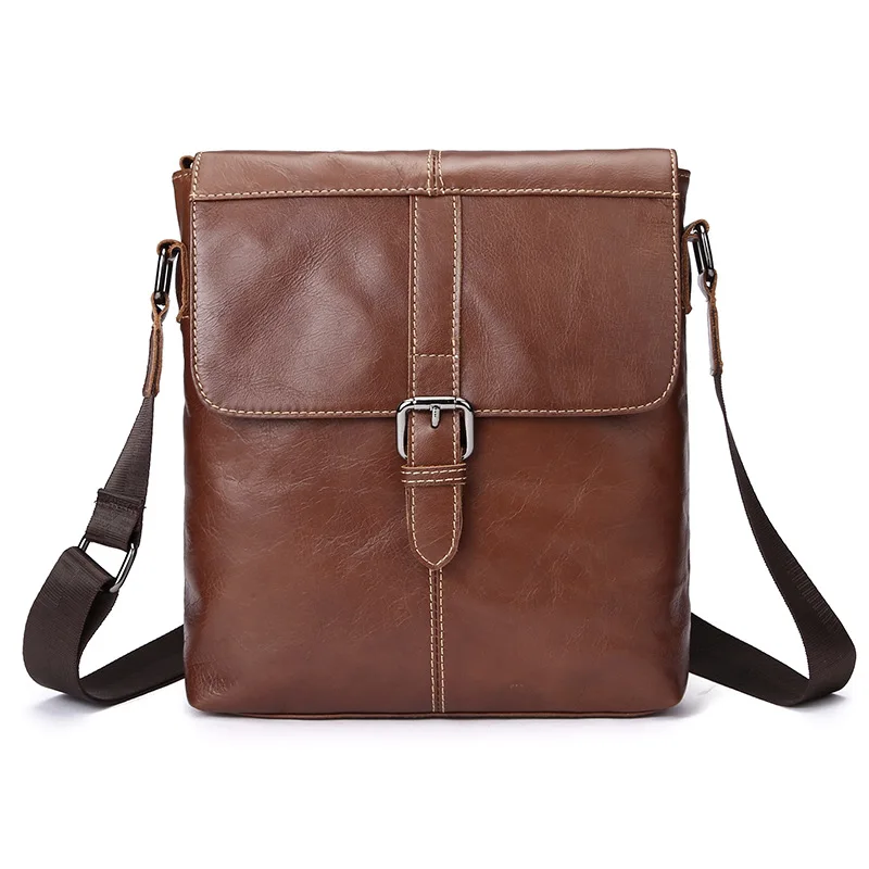 

MEN'S Single-shoulder Bag MEN'S Real-leather Bag Fashion Casual Haversack Cover Type Full-grain Leather Verticle