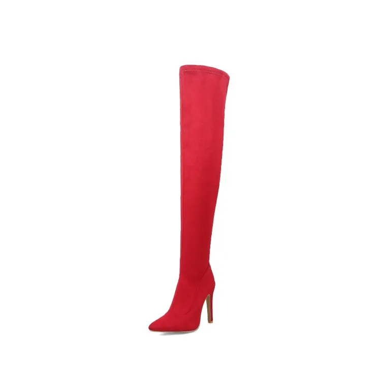 ZawsThia/Коллекция года; сезон осень-зима; пикантные женские эластичные ботинки на очень высоком тонком каблуке; Сапоги выше колен с острым носком; женские сапоги до бедра - Цвет: Красный