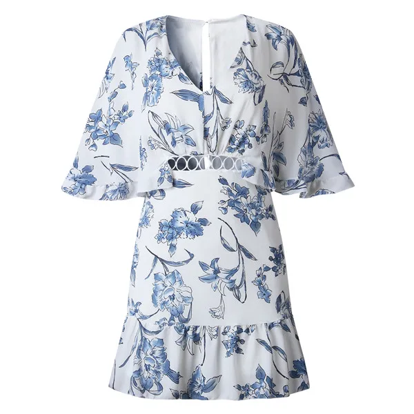 Элегантное платье с цветочным принтом и вырезом на спине кимоно вечерние платье сексуальное v-образное декольте, с выемкой, обхват талии летнее Плиссированное короткое платье; Для женщин ТРАПЕЦИЕВИДНОЕ ПЛАТЬЕ с завышенной талией мини-платье - Цвет: Синий