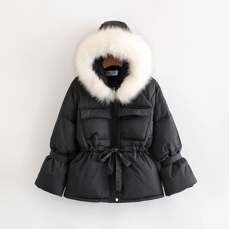 

Korean-style WOMEN'S Wear 2019 Winter New Style Pocket Hooded Fur Collar Short Lace-up Cotton-padded Clothes