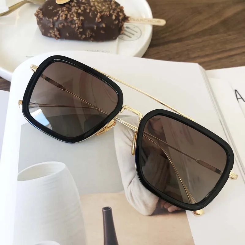 gold coffee Lens Мужские модные солнцезащитные очки Tony stark, дизайн, поляризационные очки водителя, популярные очки Железного человека, UV400 lentes de sol mujer - Цвет линз: gold coffee Lens