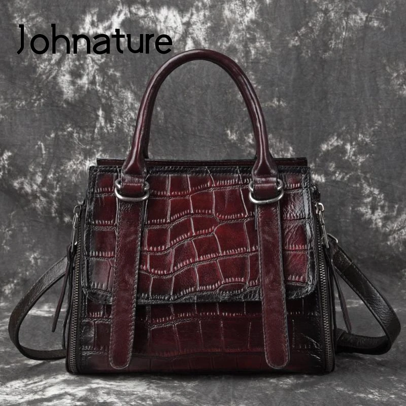 Johnature Vintage Genuine Leather Alligator Luxury Handbags Women Bag 2021 New Leisure Large Capacity Shoulder &amp Crossbody Bags | Багаж и