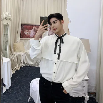 

Men Party Dress Shirt Fashion Lace Tie Bow Collar Long Sleeve Casual Loose Shirt Male Streetwear Hip Hop Stage Show Costumes