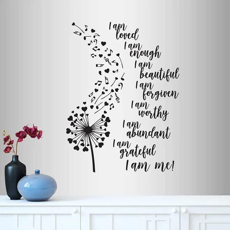 Sono Amato Sono Abbastanza Sono Io Sono Me Citazione Frase Dente Di Leone Note Musicali Cuori Rimovibile Murale Design Unico Adesivo Decalcomania E565