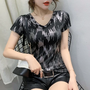

Summer Fashion T-shirt European Clothes Women Sexy Shiny V-Neck Cotton Tops Shirt Ropa Mujer Bright Gold Tees 2020 New T04621