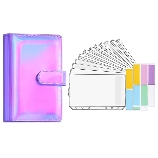 15 Pieces Binder Budget Planner Cash Envelope Binder with Budget Envelopes A6 Binder Pockets Cash Envelope Wallet for Budgeting Laser Purple-14pcs