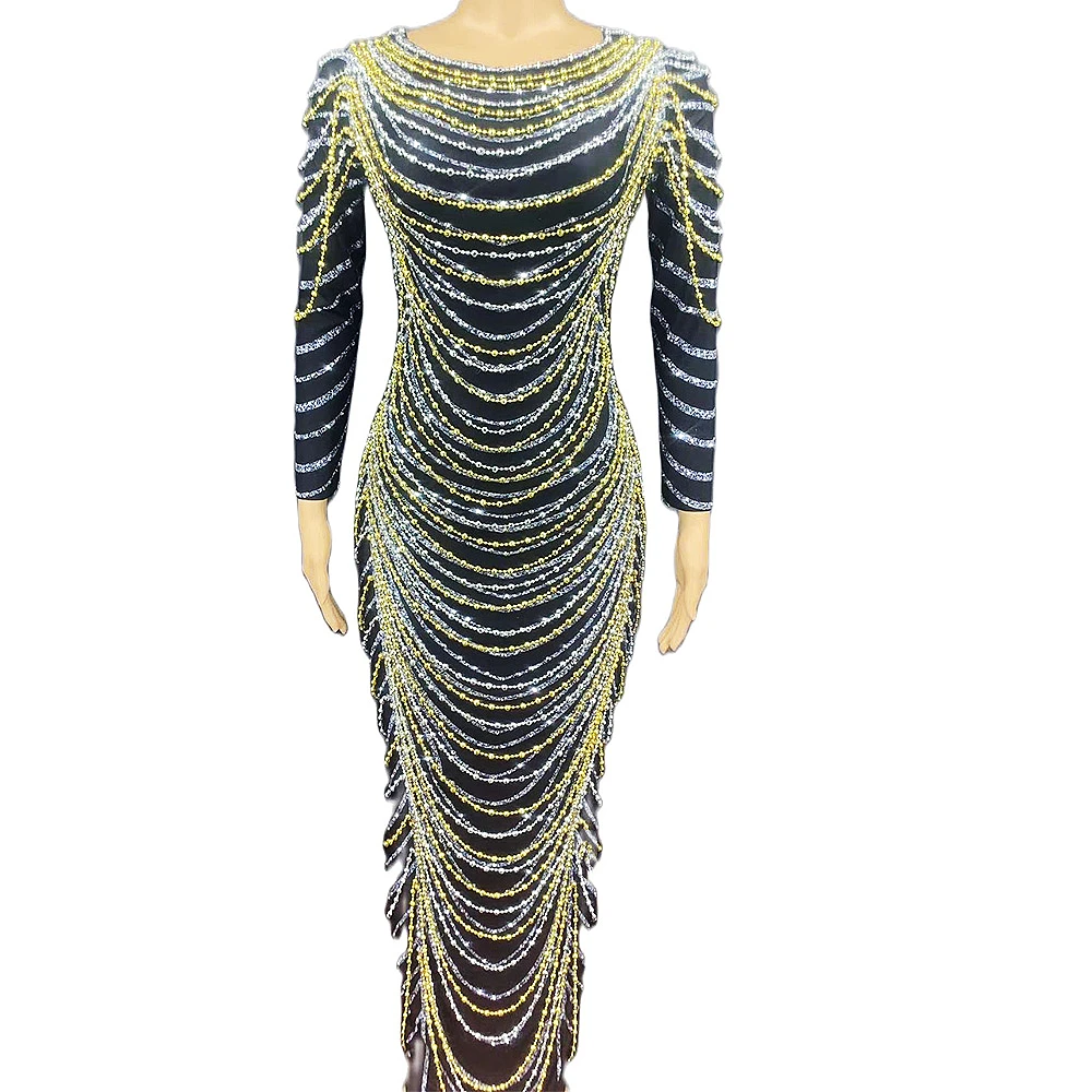 

Gold Silver Rhinestones Chain Decoration Split Fork Dress Long Sleeve Performance Clothing Ladies Dance Costume Club Stage