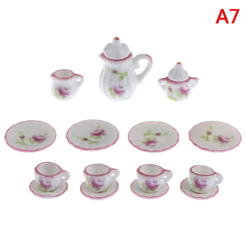 1Set Ceramic Scale 1:12 Doll House Miniature Porcelain Tea Cup Set Tableware Kitchen Dollhouse Teapot DIY Toys 9