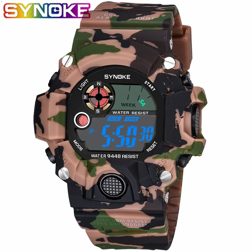 SYNOKE новая мода электронная личность Камуфляж спортивные Multi-function waterproof студент электронные часы 9448