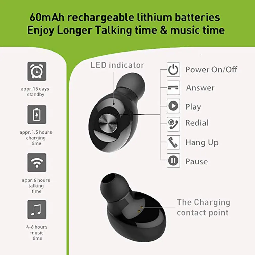 Мини-наушники Bluetooth беспроводные наушники невидимые спортивные наушники с HD микрофоном для Xiaomi для huawei для iphone