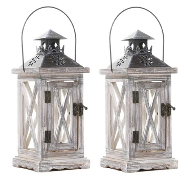 

2 Pack Decorative Lantern Candle Holder Wooden Rustic Style for Table Top Mantle Wall Hanging Decor Indoor Outdoor Use