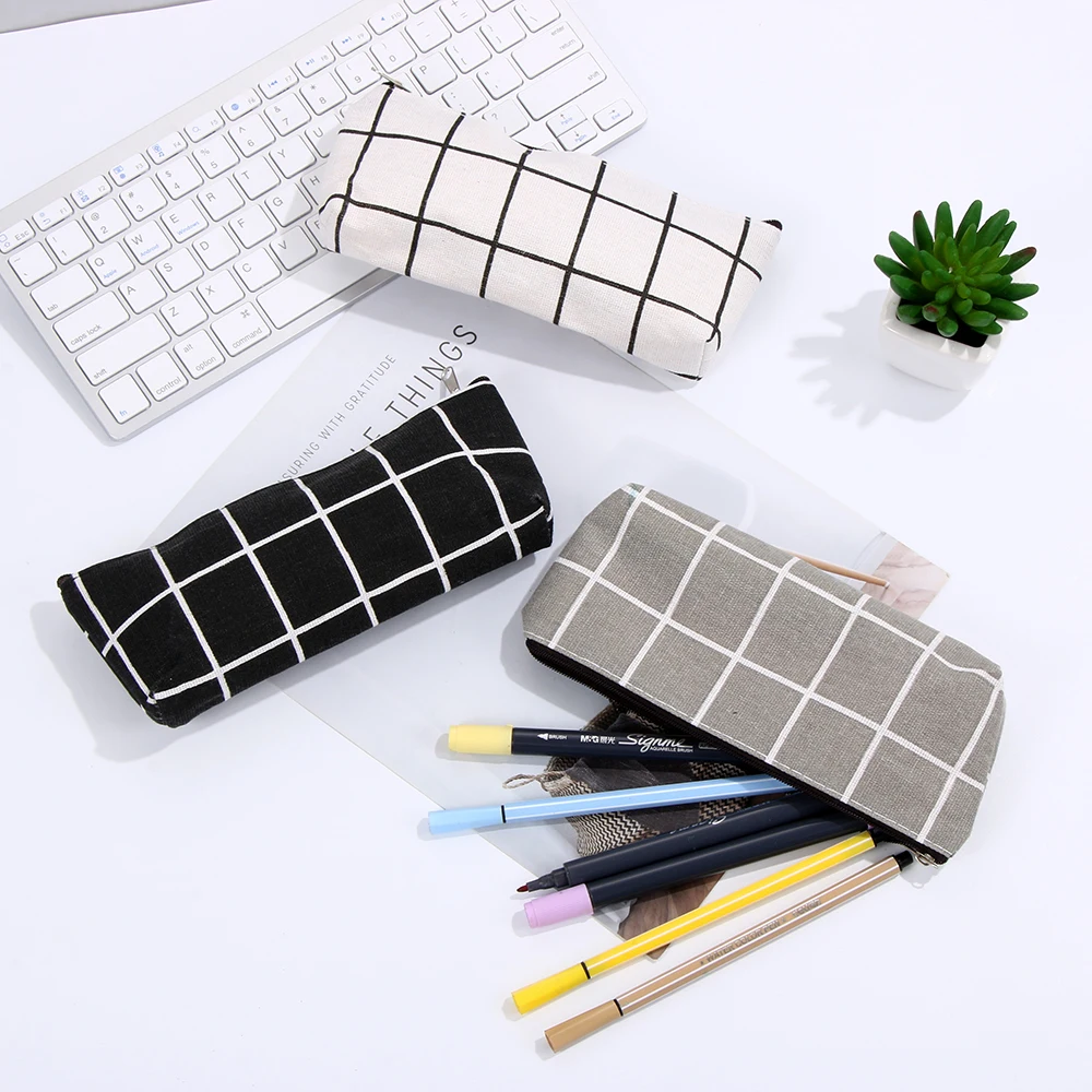 

20.5*9cm 3Colors Simple Striped Grid Pencil Box School Office Supplies Students Stationery Canvas Pen Bag Storage Case