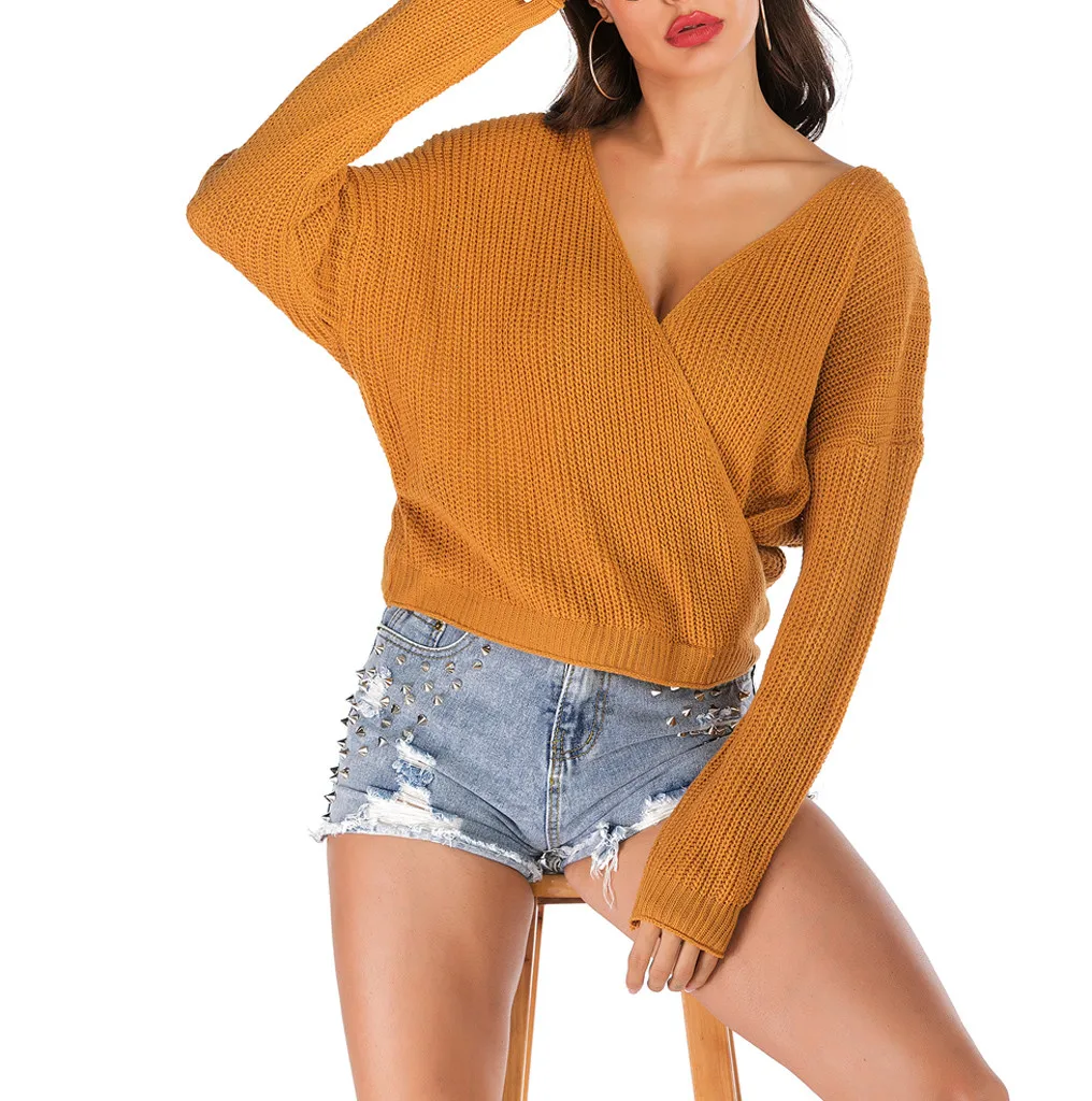 SAGACE, женский сексуальный свободный короткий вязаный свитер с v-образным вырезом, топы, высокое качество, повседневный женский свитер с длинным рукавом