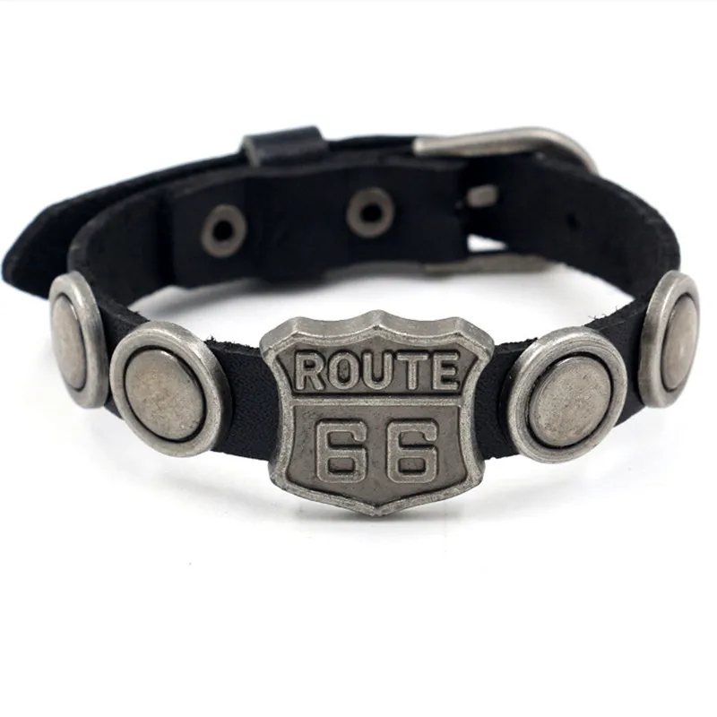 Route 66 Retro Leather Men's Wrist Bracelet Black Cuffs Pulse Wristband Men Accessories Festival Gift leather bracelet leather bangle