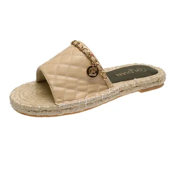 

Summer New Flat Straw Woven Hemp Rope Sandals and Slippers Female Small Fragrance Wind Metal Chain Fisherman Slippers